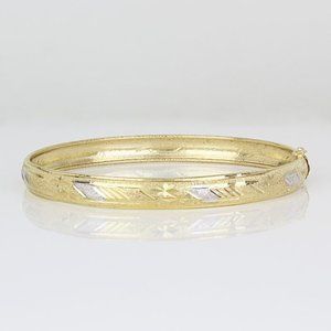 10k Yellow + White Gold Fancy Laser-etched Clasped Bangle Bracelet by CHA